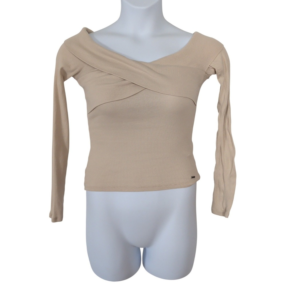 Hollister Womens Medium Tan Ribbed Off Shoulder Long‎ Sleeve Top Bella Swan Y2K